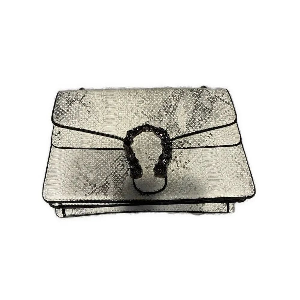 White Silver Faux Vegan Snakeskin Chain Crossbody Bag